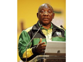 The newly elected African National Congress (ANC) President, Cyril Ramaphosa, addresses delegates during the closing of the ANC's elective conference in Johannesburg, Wednesday Dec. 20, 2017.  Ramaphosa, once Nelson Mandela's preferred successor, is proclaiming a "victory over the doomsayers" after some observers said the party could split amid growing frustration over scandal-prone President Jacob Zuma.