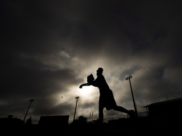 Toronto Blue Jays pitcher Ryan Tepera warms up at spring training in Dunedin, Fla., on Feb. 13.