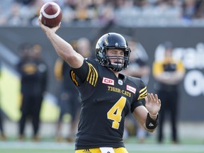 In this July 15, 2017 file photo, Hamilton Tiger-Cats quarterback Zach Collaros passes against the B.C. Lions.