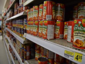 Canned food lines the shelves of the Northern, Fort Chipewyan's only grocery store, in Fort Chipewyan, Alta. on Sunday August 23, 2015.