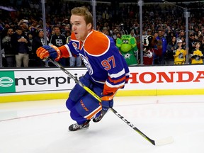 In this Jan. 28, 2017 file photo, Connor McDavid races in the fastest skater competition at NHL All-Star Weekend in Los Angeles.