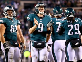 Quarterback Nick Foles of the Philadelphia Eagles reacts to their 15-10 win over the Atlanta Falcons in the NFC Divisional Playoff game at Lincoln Financial Field on Saturday in Philadelphia.