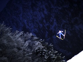 Mackenzie Boyd-Clowes jumps at the Ski Flying World Championships in Oberstdorf, Germany, on Jan. 19.