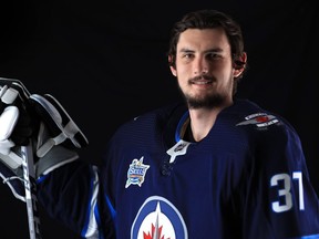 Connor Hellebuyck #37 of the Winnipeg Jets poses for a portrait during the 2018 NHL All-Star at Amalie Arena on January 27, 2018 in Tampa, Florida.