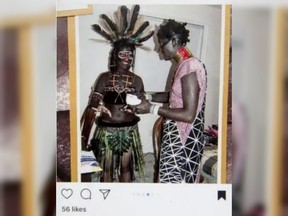 A photo posted to Instagram by friend Amanda Beardshaw shows London police Const. Katrina Aarts, right, and an unidentified woman in brown body and hair paint and what appears to be African garb.