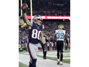 New England Patriots wide receiver Danny Amendola, left, celebrates his touchdown catch against the Jacksonville Jaguars during the second half of the AFC championship NFL football game, Sunday, Jan. 21, 2018, in Foxborough, Mass.