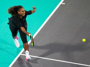 Serena Williams returns the ball to Jelena Ostapenko at the Mubadala World Tennis Championship in Abu Dhabi on Dec. 30, 2017.