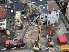 An aerial view shows the Paardenmarkt area in Antwerp on January 16, 2018 after several buildings collapsed following an explosion late on January 15.