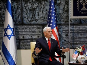 Mike Pence speaks during a meeting with the Israeli President at the presidential compound in Jerusalem on January 23, 2018.