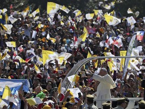 Pope Francis arrives on his pope-mobile to celebrate Mass at O'Higgins Park in Santiago, Chile, Tuesday, Jan. 16, 2018. Francis begged for forgiveness Tuesday for the "irreparable damage" done to children who were raped and molested by priests, opening his visit to Chile by diving head-first into a scandal that has greatly hurt the Catholic Church's credibility here and cast a cloud over his visit.