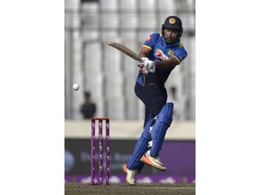 Sri Lanka's Danushka Gunathilaka plays a shot during the Tri-Nation one-day international cricket series against Bangladesh in Dhaka, Bangladesh, Thursday, Jan. 25, 2018.