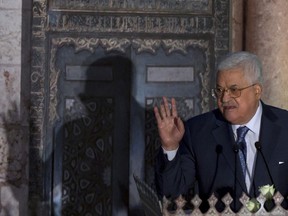 Palestinian President Mahmoud Abbas, speaks during a conference on Jerusalem at the Al-Azhar Conference Center, in Cairo, Egypt, Wednesday, Jan. 17, 2018. Abbas blasted Trump again over Jerusalem, saying the U.S. leader's decision to recognize contested Jerusalem as Israel's capital was "sinful."