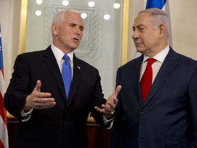 U.S. Vice President Mike Pence meets with Israel's Prime Minister Benjamin Netanyahu in Jerusalem, Monday, Jan. 22, 2018.