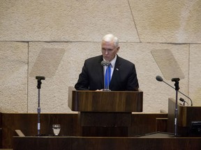 U.S. Vice President Mike Pence speaks in Israel's parliament in Jerusalem, Monday, Jan. 22, 2018.