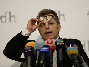 Dimitris Christopoulos, the president of the Paris-based International Federation for Human Rights, speaks during a press conference, in Beirut, Lebanon, Thursday, Jan. 25, 2018. The international human rights umbrella group said Thursday that the life and security of Nabeel Rajab, an imprisoned activist in Bahrain, is at risk because he is denied adequate medical care and is held in the same cell with extremists he criticizes.
