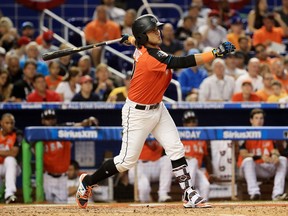 Bo Bichette of the U.S. Team bats against the World Team during the SiriusXM All-Star Futures Game at Marlins Park on July 9, 2017.
