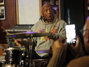 Bill Cosby plays the drums at the LaRose Jazz Club in Philadelphia on Monday, Jan. 22, 2018.