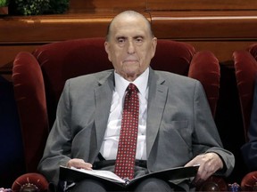 FILE - This April 1, 2017, file photo shows Thomas M. Monson, president of the Church of Jesus Christ of Latter-day Saints, at the two-day Mormon church conference in Salt Lake City. Monson, the 16th president of the Mormon church, has died after nine years in office. He was 90.