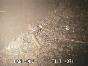 A photo taken by a robotic probe provided by the International Research Institute for Nuclear Decommissioning, Friday, Jan. 19, 2018, shows a part of what is believed to be the handle of the fuel rods container and melted fuel in small lumps scattered on a structure below the Fukushima reactor core. The operator of the crippled Fukushima nuclear plant says a long telescopic pipe carrying a camera has captured images of some melted fuel inside one of the three reactors, a crucial information for the decades-long cleanup.