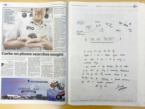 New Zealand singer songwriter Lorde's handwritten thank - you note, right, is published in a the New Zealand Herald newspaper, Wednesday, Jan. 31, 2018, honoring fellow Kiwi musicians as well as sightings of other attendees at the Grammy ceremony in New York. Lorde has scribbled her thanks to fans back home for embracing her Grammy-nominated album.