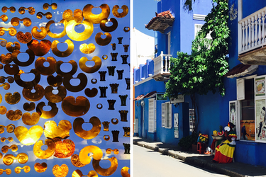 A Gold Museum display, left, and a Cartagena streetscape.