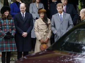 From left, Kate, Duchess of Cambridge, Prince William, Meghan Markle, Prince Harry and Prince Philip arrive to the traditional Christmas Days service, at St. Mary Magdalene Church in Sandringham, England, Monday, Dec. 25, 2017.