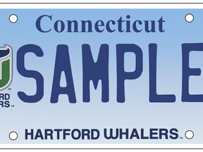 This image released Tuesday, Jan. 23, 2018, by the Connecticut Department of Motor Vehicles shows a commemorative license plate bearing the green and blue logo of the former Hartford Whalers NHL hockey team. Proceeds from sales of the plate will benefit a children's dialysis center in Hartford. The team left the state in 1997, becoming the Carolina Hurricanes. (Connecticut Department of Motor Vehicles via AP)