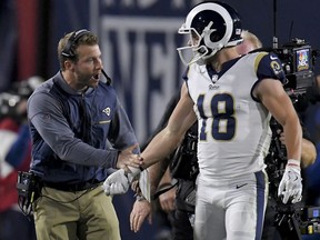 Los Angeles Rams wide receiver Cooper Kupp celebrates his touchdown with coach Sean McVay during the first half of an NFL football wild-card playoff game against the Atlanta Falcons on Saturday, Jan. 6, 2018, in Los Angeles.