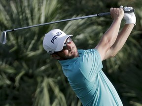 Andrew Landry watches his tee shot on the 17th hole during the second round of the CareerBuilder Challenge golf tournament on the Jack Nicklaus Tournament Course at PGA West, Friday, Jan. 19, 2018, in La Quinta, Calif.