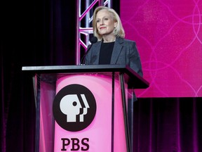 FILE - In this Jan. 15, 2017 file photo, President and CEO Paula Kerger speaks at the PBS's Executive Session at the 2017 Television Critics Association press tour in Pasadena, Calif. PBS, which dealt with sexual misconduct allegations in its own backyard, will air a series examining the pressing social issue. The five-part series, "#MeToo, Now What?" will address how we got here and how "we can use this moment to effect positive and lasting change," Kerger said Tuesday, Jan. 16, 2018.