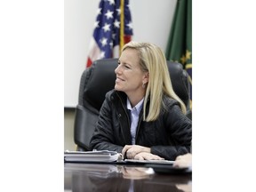 Homeland Secretary Kirstjen Nielsen speaks during an interview Tuesday, Jan. 2, 2018, in San Diego. Nielsen told The Associated Press that the administration doesn't endorse citizenship for recipients of the Deferred Action for Childhood Arrivals program but that it would consider legislation that Congress passes.