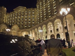 FILE - In this Jan. 23, 2016 file photo, the motorcade carrying then U.S. Secretary of State John Kerry arrives at the Ritz Carlton Hotel in Riyadh, Saudi Arabia. The Ritz Carlton in Saudi Arabia's capital may be reopening its doors in times for Valentine's Day 2018 after serving as a prison for the country's elite caught up in what the government has described as a crackdown on corruption. The hotel's website on Monday, Jan 15, 2018 showed bookings available beginning from Feb. 14.