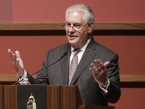 U.S. Secretary of State Rex Tillerson speaks to the Hoover Institution at Stanford University in Stanford, Calif., Wednesday, Jan. 17, 2018. Tillerson says it's crucial for the U.S. to maintain a military presence in Syria to prevent the Islamic State group's resurgence.