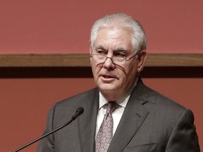 Secretary of State Rex Tillerson speaks to the Hoover Institution at Stanford University in Stanford, Calif., Wednesday, Jan. 17, 2018. In a speech at Stanford University, Tillerson signaled a deeper American commitment to the Mideast nation of Syria, saying the U.S. military will remain there for the foreseeable future.