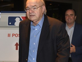 Arizona Diamondbacks owner Ken Kendrick is followed by Derrick Hall, president and CEO of the Diamondbacks, as they leave a gathering during Major League Baseball owners meetings Wednesday, Jan. 31, 2018, in Los Angeles.