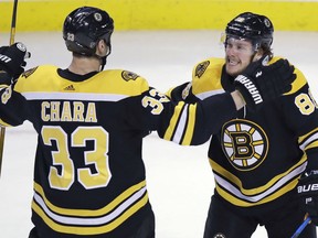 David Pastrnak celebrates his goal against Montreal Canadiens netminder Carey Price with Bruins teammate Zdeno Chara during the first period of their game in Boston on Wednesday night.