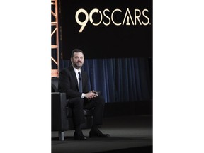 Jimmy Kimmel participates in the "Jimmy Kimmel Live and 90th Oscars" panel during the Disney/ABC Television Critics Association Winter Press Tour on Monday, Jan. 8, 2018, in Pasadena, Calif.