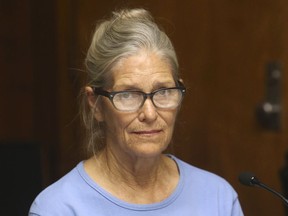 FILE - In this Sept. 6, 2017, file photo, Leslie Van Houten attends her parole hearing at the California Institution for Women in Corona, Calif. California Gov. Jerry Brown has again denied parole for Van Houten, the youngest follower of murderous cult leader Charles Manson. Brown said in his decision announced Friday, Jan. 19, 2018, that despite Van Houten saying at her parole hearing that she accepts full responsibility for her crimes, she still lays too much of the blame on Manson, who died two months ago.