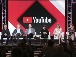 Doug Liman, from left, David Bartis, Gene Klein, Lauren LeFranc, Missy Pyle and Maddie Hasson, participate in the 'Impulse' panel during the YouTube Television Critics Association Winter Press Tour on Saturday, Jan. 13, 2018, in Pasadena, Calif.