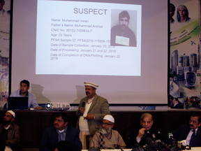 Police in Lahore, Pakistan, announce the arrest of a man suspected in the rape and killing of seven-year-old Zainab Ansari, Tuesday, Jan. 23, 2018.