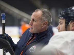 Paul Coffey offers guidance at an Edmonton Oilers practice on Jan. 21.