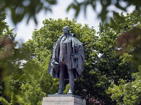 A statue of Edward Cornwallis stands in a Halifax park on June 23, 2011. Halifax's mayor says a municipal process to rethink how the city honours its controversial founder may not go ahead as planned after the Assembly of Nova Scotia Mi'kmaq Chiefs withdrew abruptly.