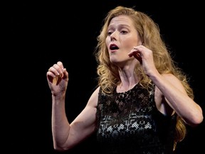 Canadian singer Barbara Hannigan performs with Prague Philharmonia during the opening concert of the 18th Strings of Autumn classical music festival at State Opera in Prague, Czech Republic, Monday, Sept. 23, 2013. Nova Scotia soprano Barbara Hannigan toasted her first Grammy Award with a glass of wine in Hamburg, Germany. While it's an ocean away from music's biggest night in New York, Hannigan said that didn't stop her from cracking open a bottle to celebrate her win for classical solo vocal album.THE CANADIAN PRESS/AP, CTK, Vit Simanek