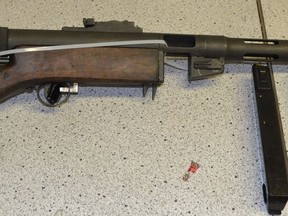 Four men in Alberta have been taken into custody after a pair of traffic stops resulted in seizures of firearms and prohibited firearm accessories. A Finnish Suomi M31 submachine gun is seen in this undated police handout image.