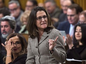 Minister of Foreign Affairs Chrystia Freeland responds to a question during question period in the House of Commons on Parliament Hill, in Ottawa on Tuesday, Dec. 12, 2017. Freeland's office issued a statement today expressing concern about deaths following several days of protests and clashes in Iran, and calling on Iranian authorities to show restraint.