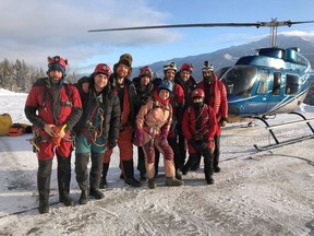 Jason Lavigne, left to right, Jeremy Bruns, Jared Habiak, Christian Stenner, Katie Graham, Vladimir Paulik, Colin Massey, Jérôme Genairon, and Mehdi Boukhal are shown in this handout image provided by Jeremy Bruns. A member of a team of explorers has reached a record depth in a cave near Fernie, B.C., that is believed to be the deepest in Canada. The cave has so far been measured at 5.3 kilometres in length and 670 metres deep, more than 200 storeys below the ground.