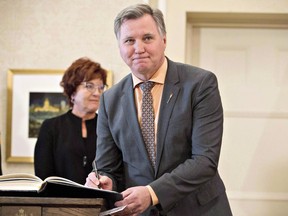 Alberta Minister of Indigenous Relations Richard Feehan is sworn in as a new cabinet minister in Edmonton Alta, on Monday, February 2, 2016. Dave Schneider says on Twitter that he is sorry if he offended anyone and wants everyone to participate in democracy. Richard Feehan, Alberta's minister in charge of Indigenous Relations, says Schneider's comments suggest an attitude from the 1950s and ignores emerging political enlargement by First Nations.