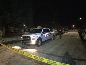 RCMP in Red Deer, Alta., investigate scene of a shooting on Thursday, January 18, 2018. RCMP are looking for suspects after multiple shots were fired Thursday evening in Red Deer, Alta. Police say there may have been injuries after gunfire rocked the city's north-central Riverside Meadows neighbourhood.