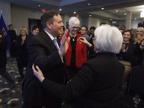 United Conservative Party leader Jason Kenney meets with supporters after being sworn in as MLA for Calgary-Lougheed in Edmonton on January 29, 2018. The leader of the United Conservative Party in Alberta says they will rigorously vet prospective candidates for conduct related to sexual harassment or aggression. Jason Kenney was sworn in Monday as a member of the legislative assembly in Alberta.