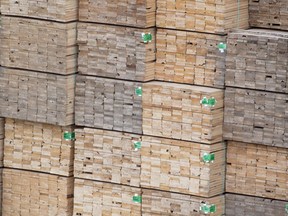 Softwood lumber is pictured along the Fraser River in Richmond, B.C., Tuesday, April 25, 2017. The federal government has filed requests for panel reviews under NAFTA Chapter 19 to appeal U.S. decisions to impose duties on imports of Bombardier C Series aircraft and softwood lumber from Canada.